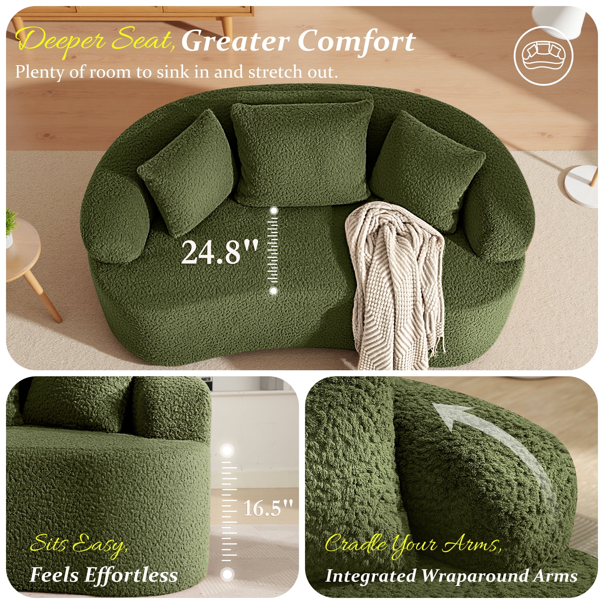 COOLHUT 65" 3 Seater Sofa Couch, Plush Floor Sofa Couch with Cozy Cushions & 3 Pillows, Curved Back Teddy Fabric Sofa for Living Room, Small Space, Green (Sofa-in-a-Box)