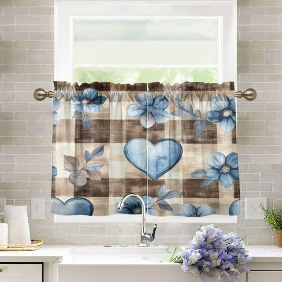 BZSMCE Set of 2 Pieces Kitchen Window Curtain Fashion Blue Floral Hearts on Check Printed 27x24in/27x36in