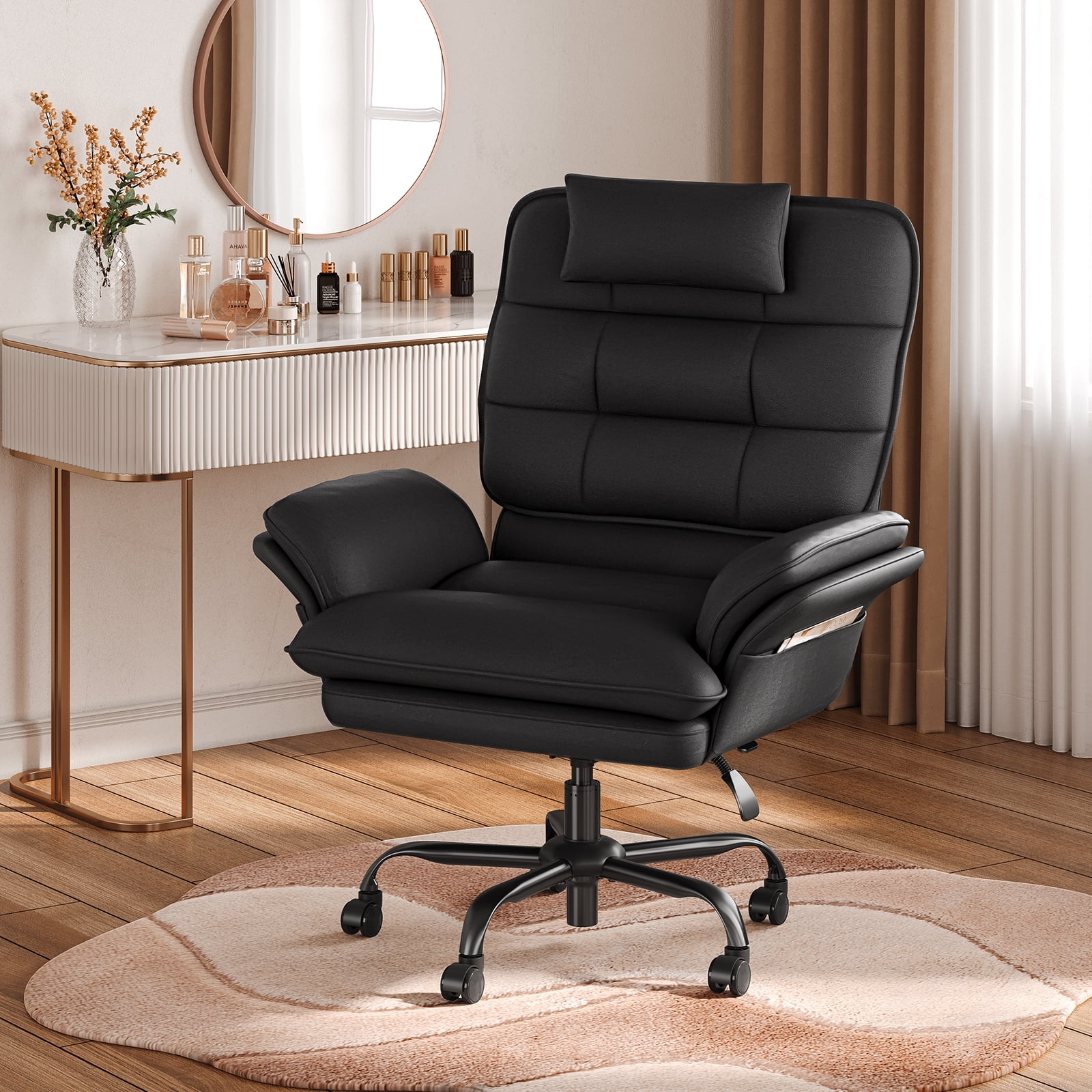 Bestier Big and Tall Ergonomic Office Chair with Flip-Up Arms, PU Leather High Back Executive Swivel Desk Chair with Side Pockets & Headrest , Height Adjustable Computer Chair for Home, Black