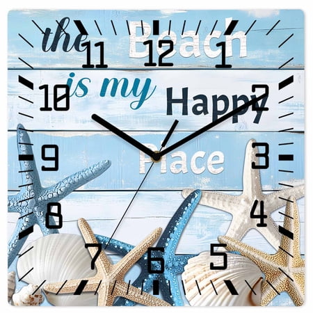 Wall Clock The Beach Is My Happy Place Operated Square Clocks Wooden Silent Non-Ticking Wallclock 10 Inch Starfish Stripes Wood Wall Clock for Living Room Bedroom Office Shool Home Decor