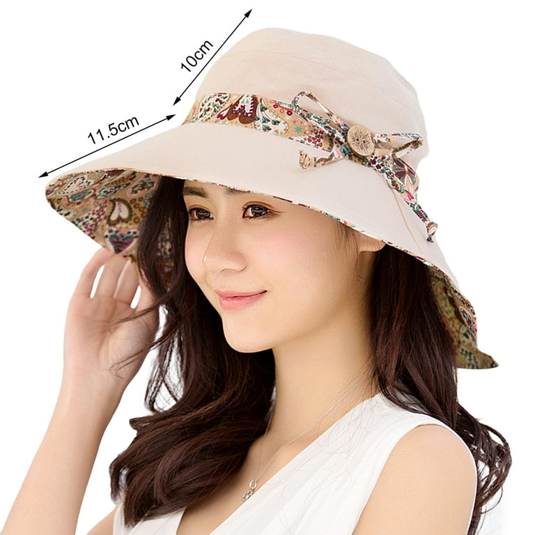HEVIRGO Sun Hat Fashion Print Wide Brim Temperament Foldable Anti Sun Cap for Beach Beige Cotton Blend