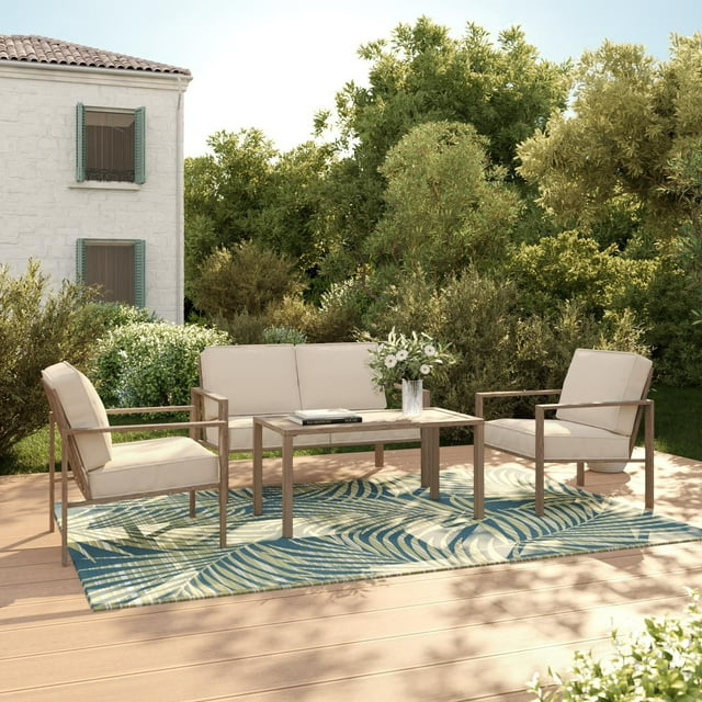 Mainstays Cobble Hill 4-Piece Steel Outdoor Conversation Set with Cushions, Cream