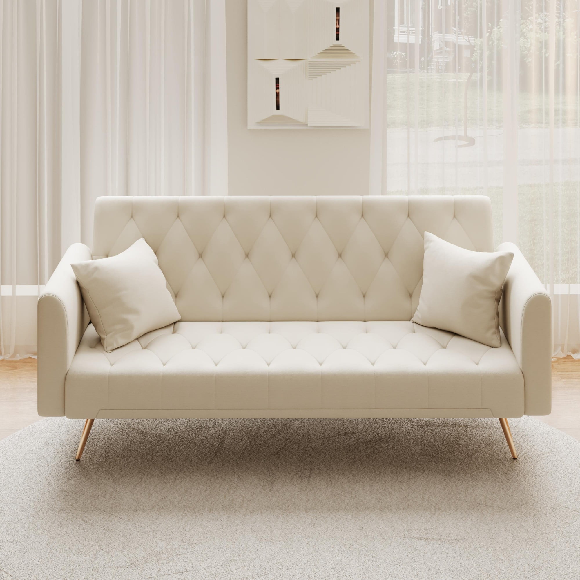 Jopath Velvet Futon Sofa Bed,Convertible Sleeper Couchwith Adjustable Backres & 2 Pillows for Small Spaces,Living Room,Beige02