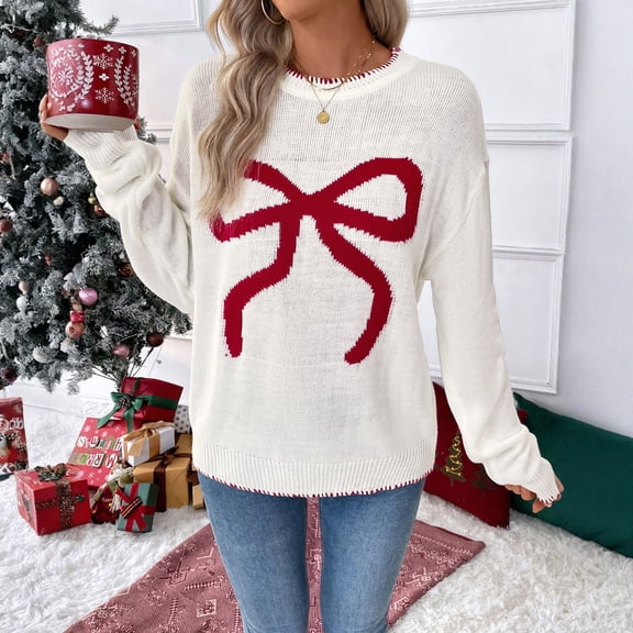 Women Bow Sweater Casual Crew Neck Long Sleeve Pullover Sweaters y2k Lightweight Knitted Valentine's Day Tops Winter Clothing Beige L