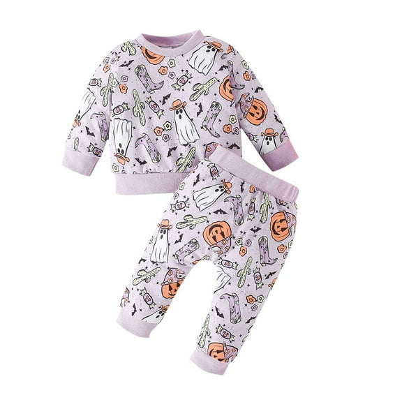 Rhuody Baby Halloween Outfits 6-9 Months Halloween Sleepwaer Long Sleeve Pajama Set Toddler Clothes Soft Cute Pumpkin Print Pants And Top Lightweight Wear Light Purple