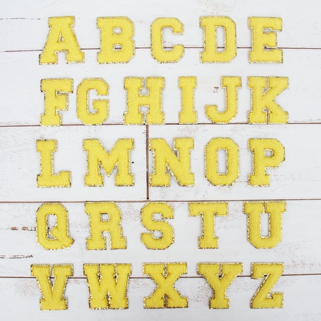 Nvzi Juego de 26 parches de felpa brillantes con 26 letras para planchar - Tela de chenilla amarilla, borde dorado brillante - Se pueden coser y planchar - Altura: 8 cm (3,15 pulgadas)