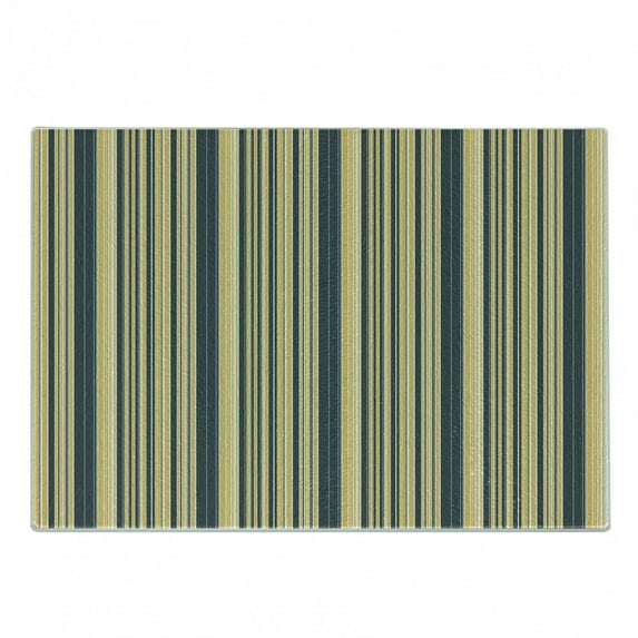 Geometric Cutting Board, Barcode Style Pattern in Retro Colors Straight Parallel Vertical Lines, Decorative Tempered Glass Cutting and Serving Board, Small Size, Dark Blue Grey Yellow, by Ambesonne