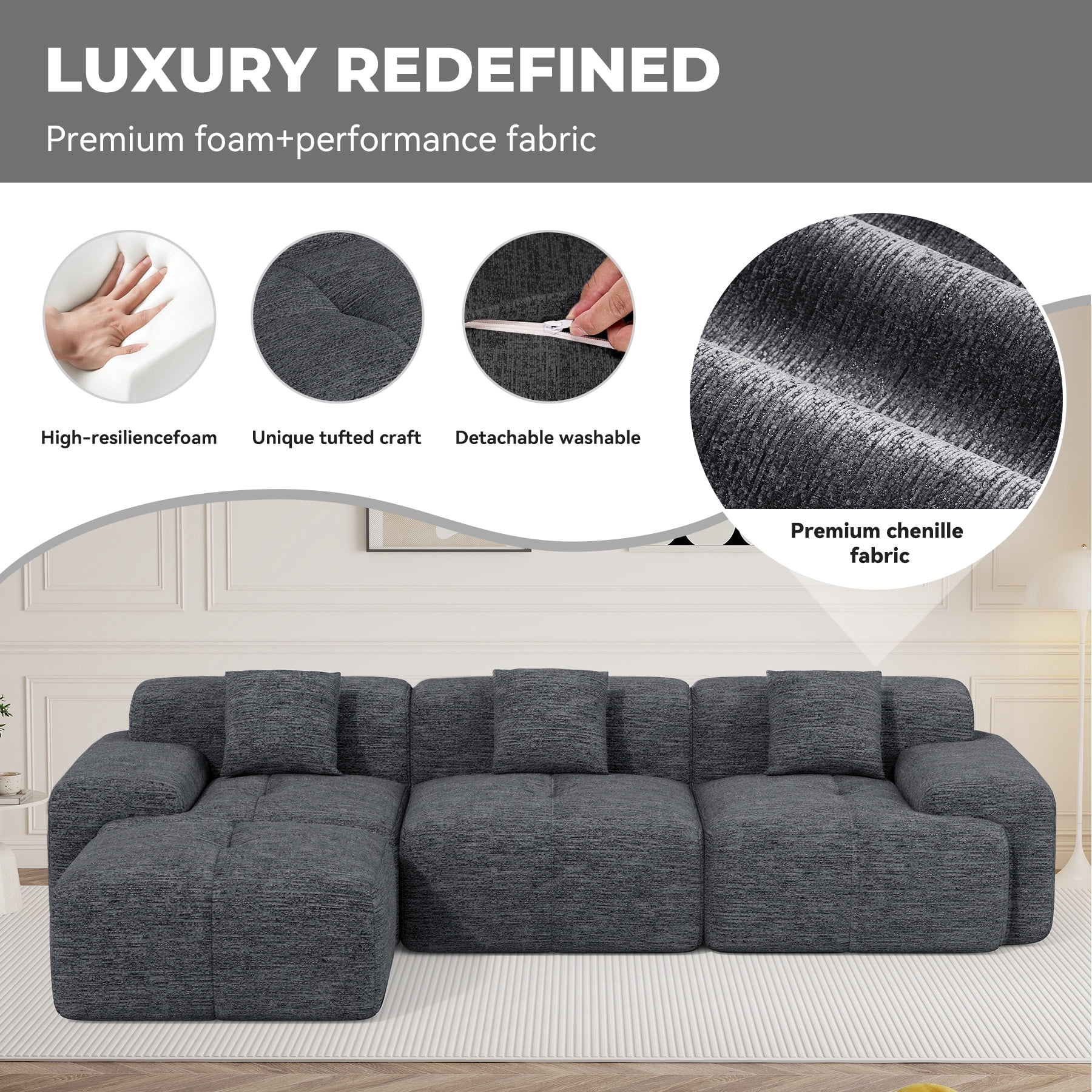 MOONMISS 122" Modern L Shaped Modular Sectional Sofa, Boneless Couches for Living Room with Ottoman,4 Seater Convertible Chenille Cloud Couch Sofa Set, No Assembly Required,Black