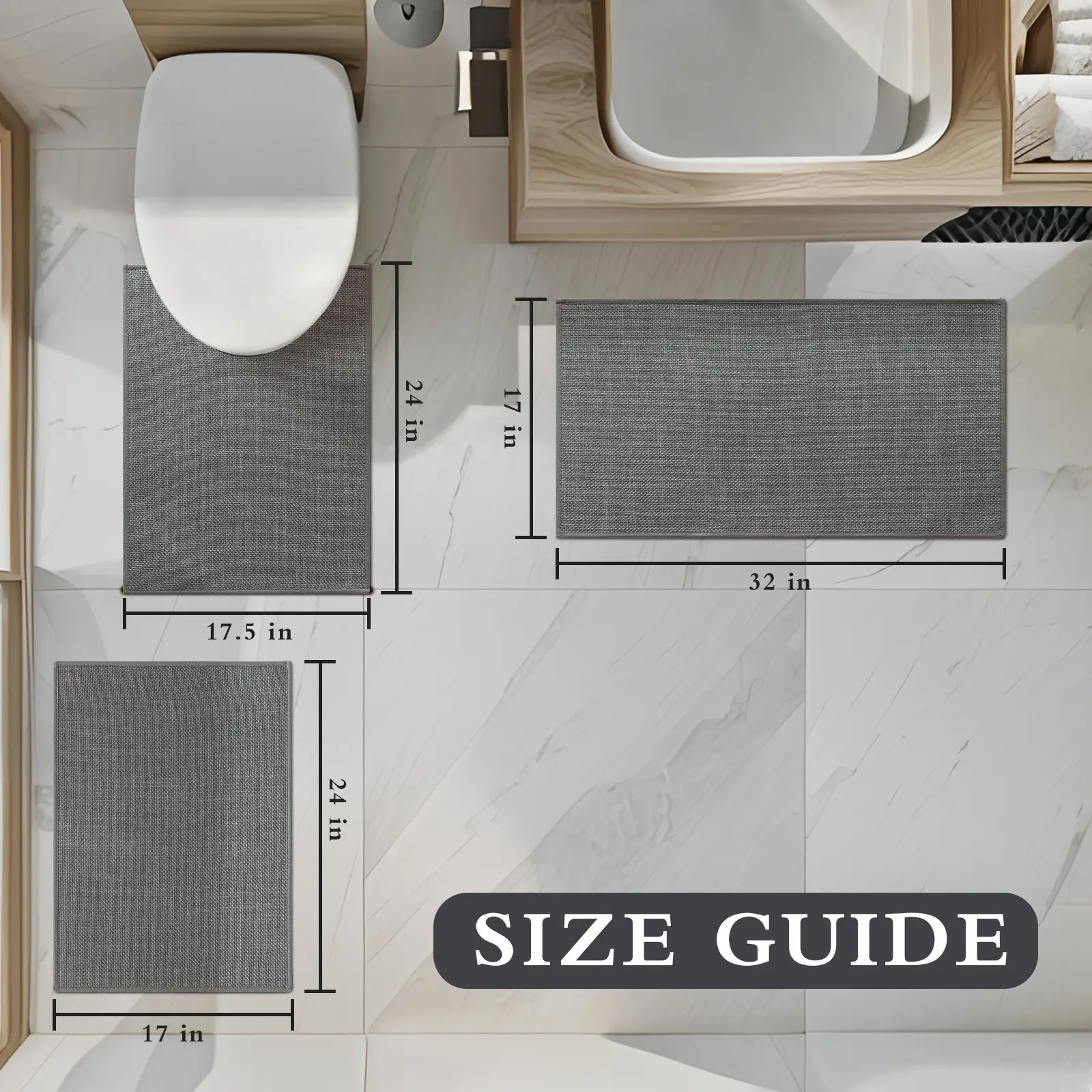 ChakmeOne Bathroom Rug Set 3 Piece, Non Slip Bath Mats,Super Absorbent Quick Dry Machine Washable,Complete Bath Mats for Shower Tub Floor & Toilet, 17"x24"+17"x32"+17.5"x24"U-Shape