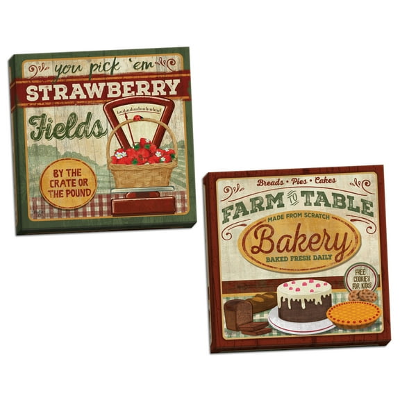Gango Home Decor Country-Rustic Farm to Table Bakery & You Pick 'Em Strawberries by Mollie B. (Ready to Hang); Two 12x12in Hand-Stretched Canvases