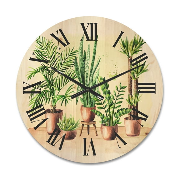 Designart 'Indoor Green Home House Plants in Pots I' Traditional Wood Wall Clock