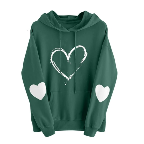 PNTUTB Women's Fashion Heart Print Long Sleeve Drawstring Hoodies Casual Pullover Sweatshirts with Pocket