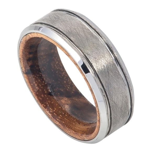 Custom Personalized Engraving Wedding Band Ring Set for Him & Her - 8mm Wire Brushed Finished Center Beveled Edge with African Sapele Mahogany Wood Sleeve/Inner Ring