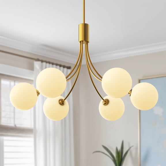 YANSUN 6-Light Vintage Gold Sputnik Linear Chandelier, Mid-Century Modern Pendant with Frosted Globe Glass for Dining Room Living Room Bedroom