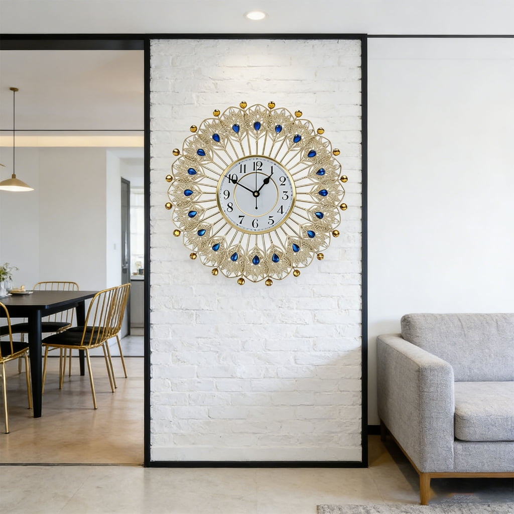 Large Crystal Peacocks Wall Clock Silents None Ticking Battery Operated Modern Decorative for Living Room