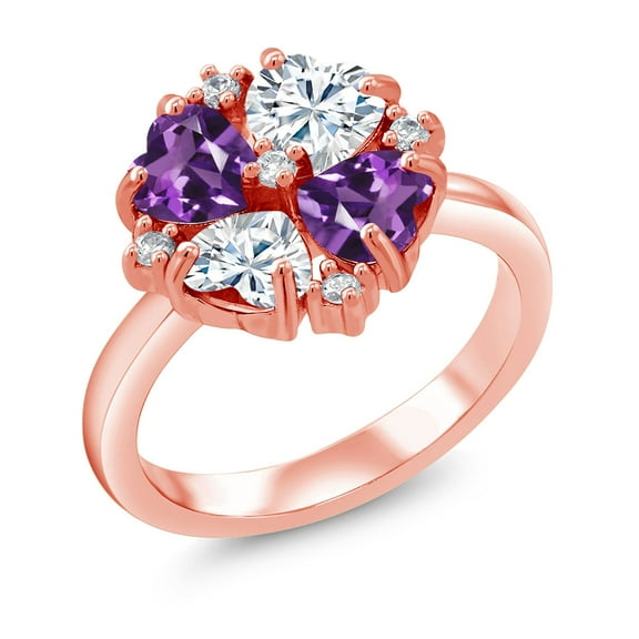 Gem Stone King 18K Rose Gold Plated Silver Purple Amethyst and Moissanite Ring for Women (1.92 Cttw, Heart Shape 5MM, Gemstone February Birthstone, Size 8)