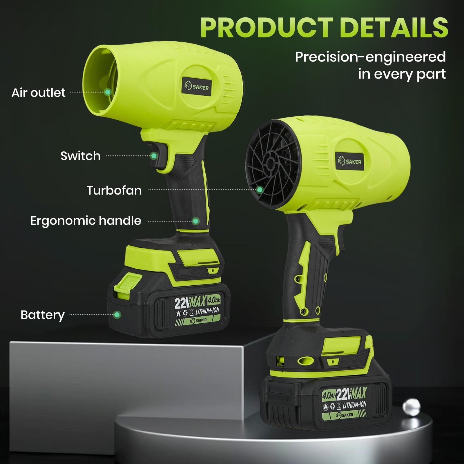 Saker Electric Cordless Leaf Blower with Adjustable Speed, Portable Handheld Leaf Blower with 2x 4.0Ah Batteries for Patio Cleaning, Lawn Care, Green