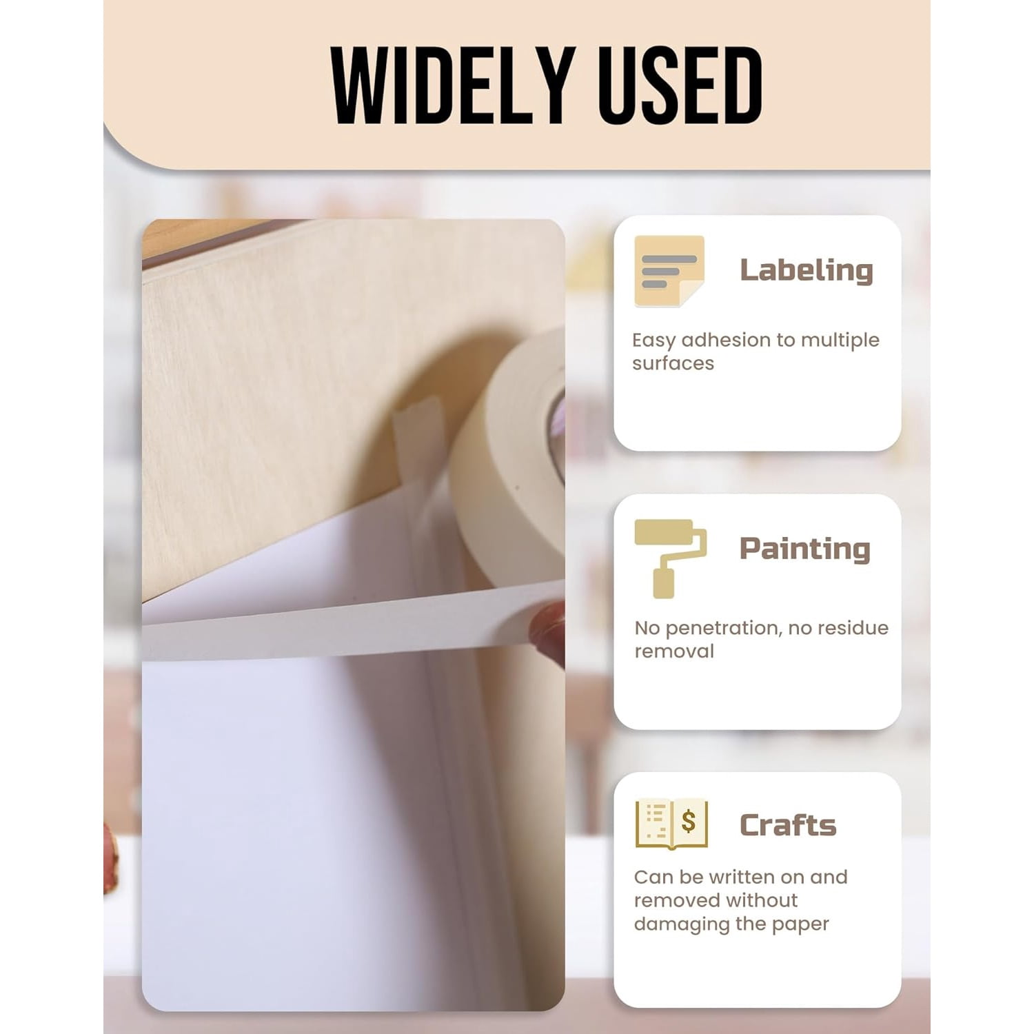 Masking Tape 1 inch, 24 Pack General Purpose Beige White Masking Tape, 1 inch x 55 Yards x 24 Rolls (1320 Total Yards)