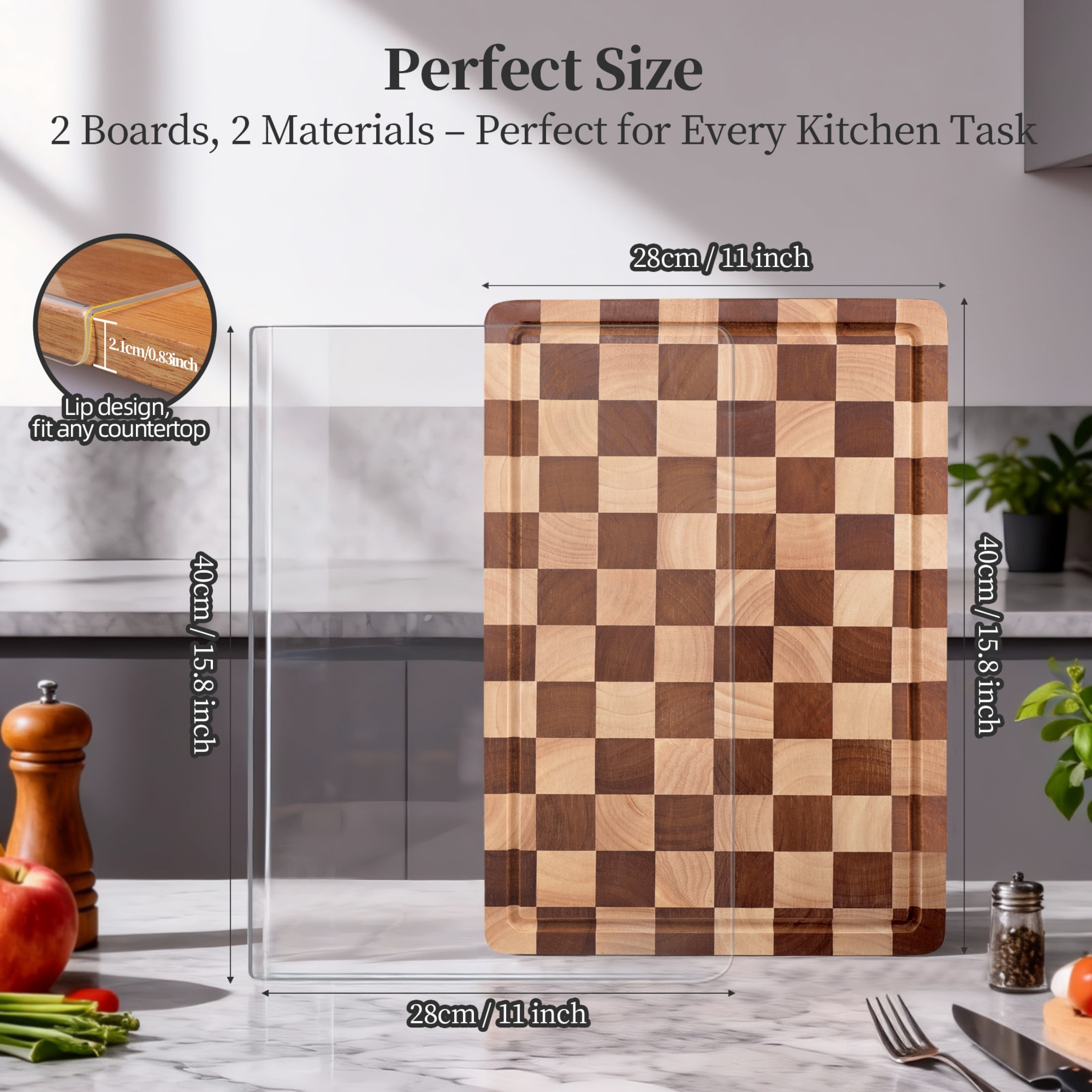 TJ POP Cutting Board Set of 2 – Checkered Wood & Acrylic Cutting Board with Counter Lip for Kitchen Counter, Wood Checkerboard Chopping Board with Juice Grooves for Vegetables, Fruits, Meat