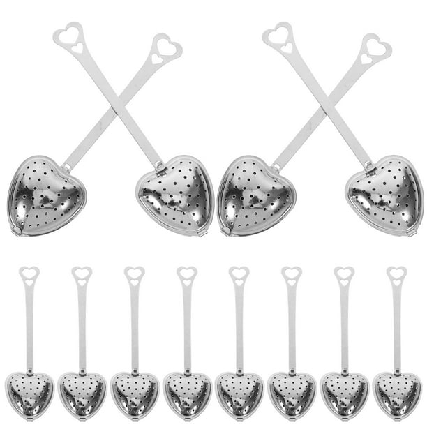 12 filtros de té de mango largo de acero inoxidable con forma de corazón, infusor portátil para té suelto
