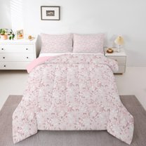 Homewish Pink Bow-Tie Flowers Butterflies 3 Pieces Queen Comforter Set for Female Men Adults,Dreamy Princess Ultra Soft Bedding Sets,Spring Garden Bedding Comforter Set Breathable