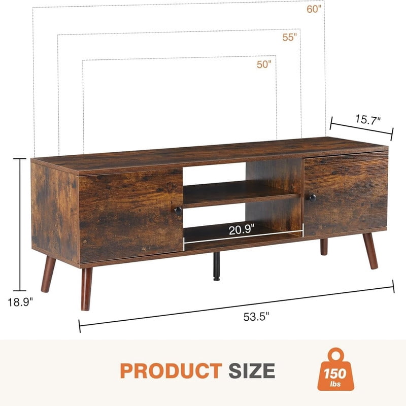 Kelno TV Stand for 55-60 Inch TV Mid Century Entertainment Center with Adjustable Shelves Storage Cabinet, Rustic Brown