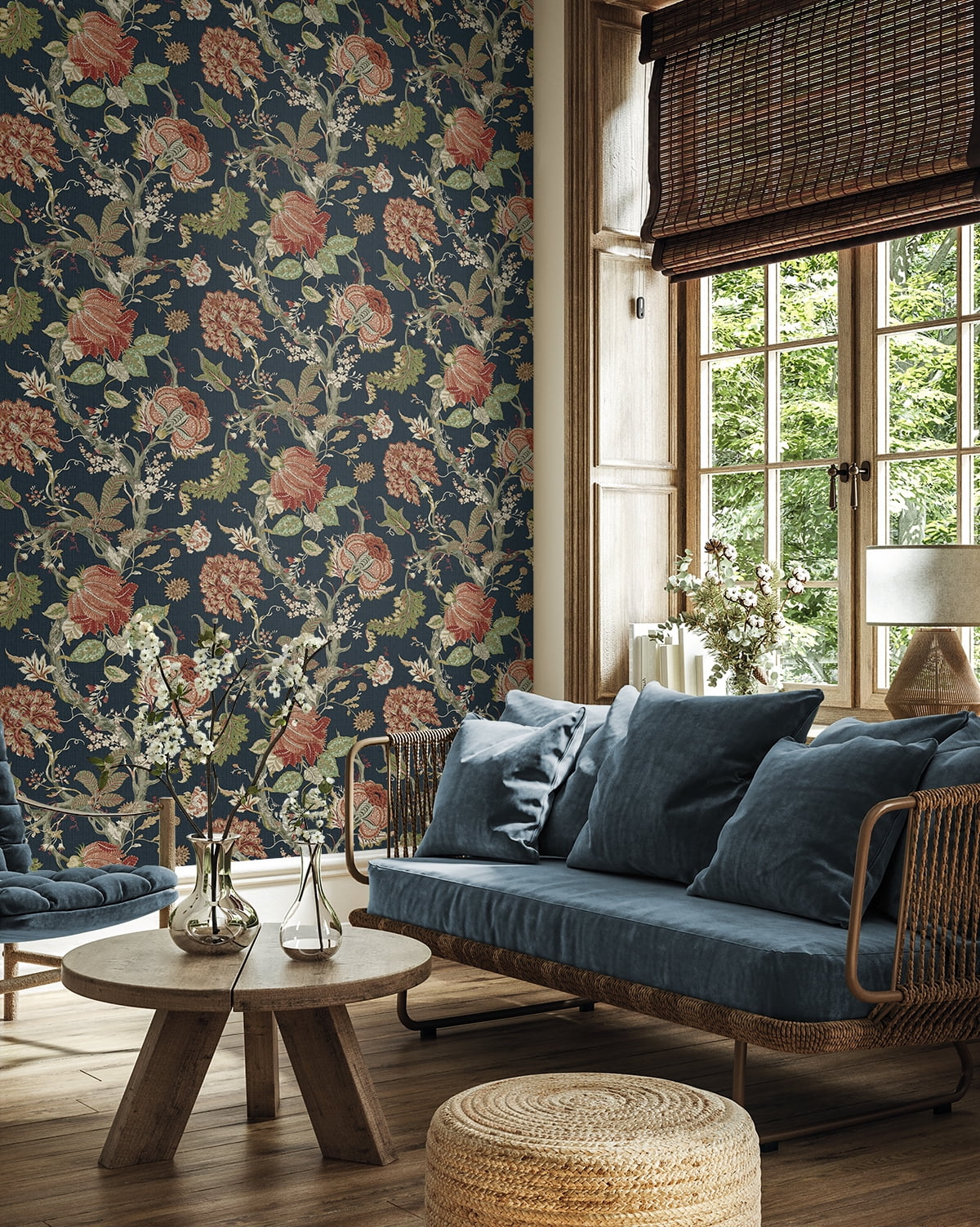 Harry & Grace Midnight Blue & Carmine Jacobean Trail Premium Matte Non-Woven Peel and Stick Wallpaper - 20.5 in. W x 18 ft. L Roll