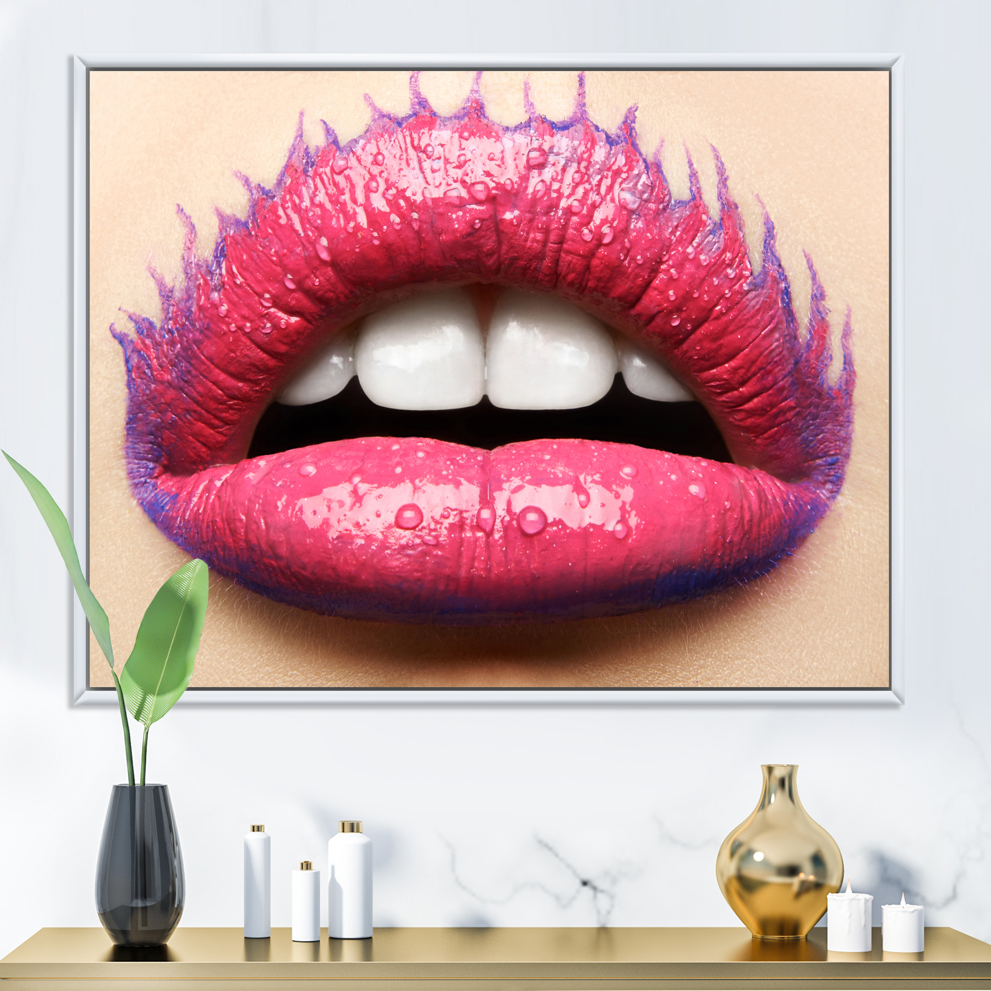 Designart 'Beautiful Woman Lips With Pink Lipstick' Modern Framed Canvas Wall Art Print