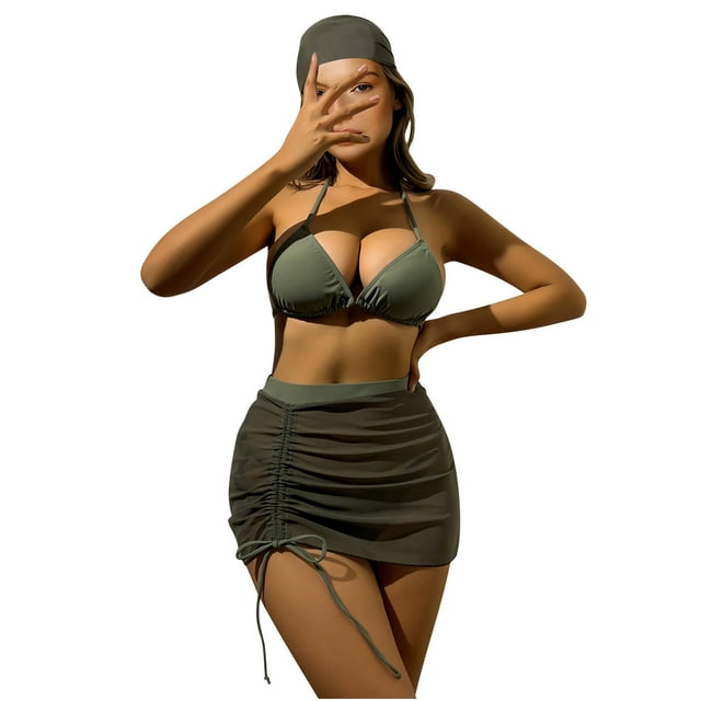 Traje de Baño de Bikini de Mujer Tiras Impresas V Cuello Sexy Dividido Tres Piezas, Traje de Baño de Poliéster para la Piscina, la Playa Y las Vacaciones de Verano