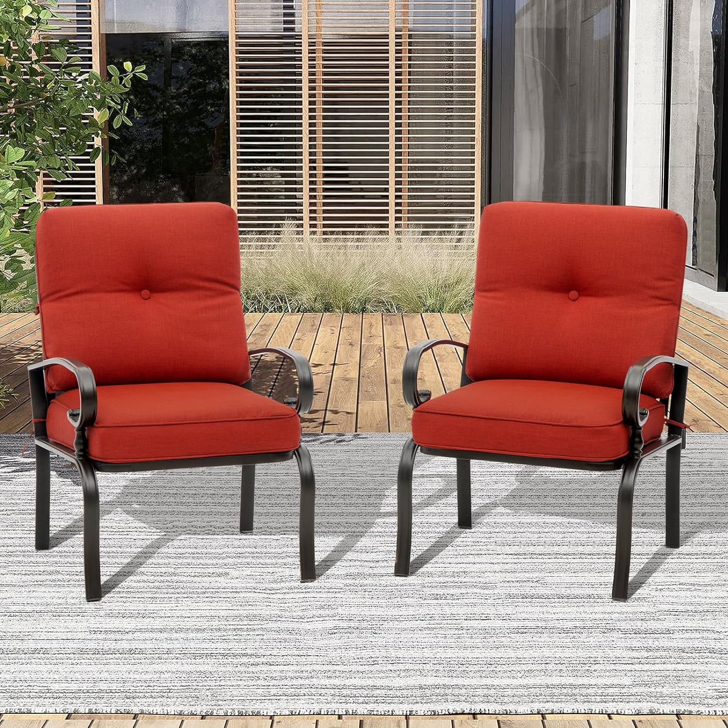 SOLAURA Patio Outdoor Metal Dining Chairs Set of 2 with Red Cushions