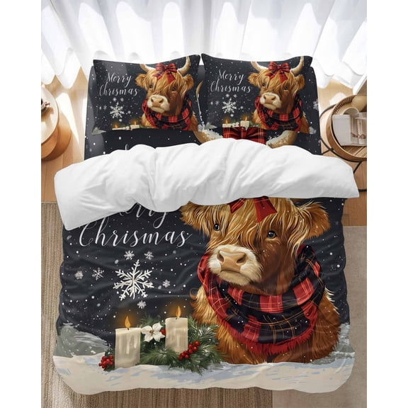 Snowflake Highland Cow Bedding Duvet Cover Set Twin Size 4 Pieces Candle Pine Tree Merry Christmas Bedding Set with Zipper Closure, 1 Comforter Cover 68x86 Inches 1 Flat Sheet & 2 Pillow Cases