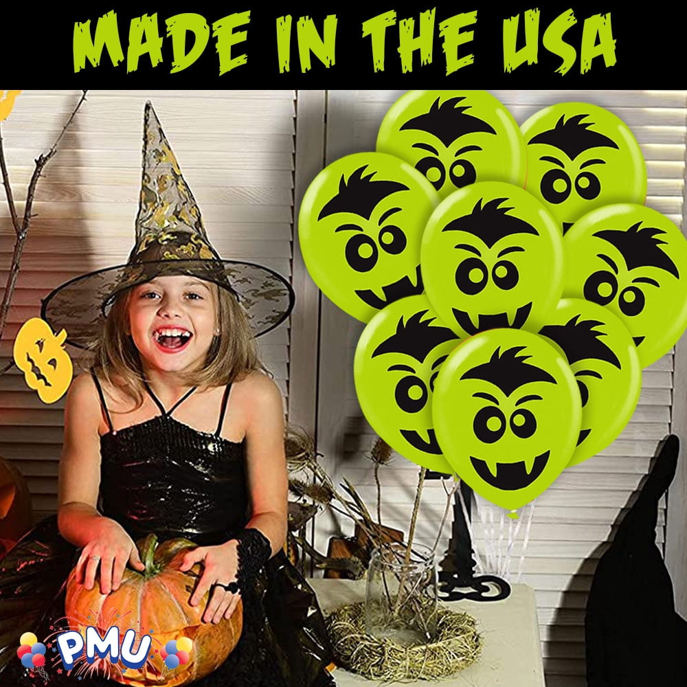 PMU Halloween Laughing Faces Balloons - Small Latex Balloons for Halloween Theme Parties, Trick-or-Treat & Party Favors Supplies - 12 Inch Kooky Vampire Lime Green, (50/Pkg) Pkg/1