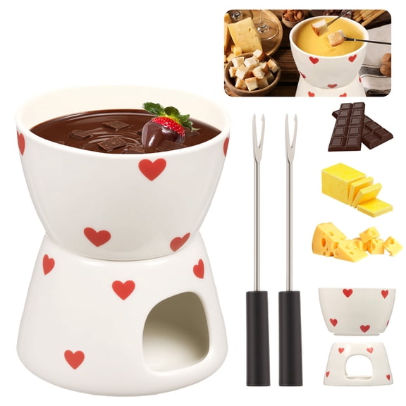 Grusce Ceramic Chocolate Fondue Set with 2 Fork, Portable Butter Warmer Fondue Pot, Dishwasher Safe for Chocolate Cheese Caramel Cream
