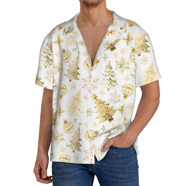 Fotbe Gold Christmas Tree Camisa Estampada de Manga Corta para Hombre, Casual de Verano, Estilo Playero, Sin Arrugas-Small