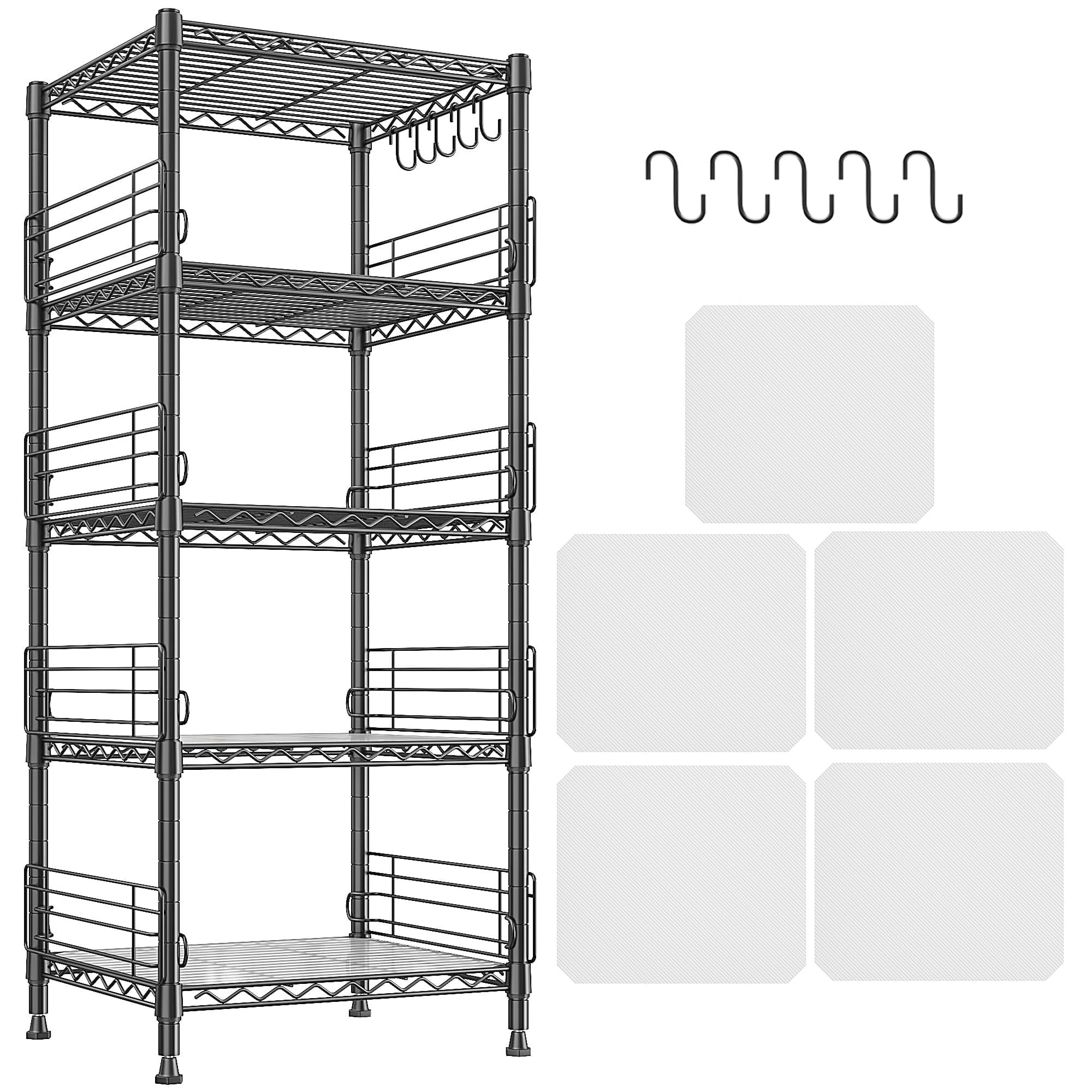 REIBII 5-Tier Wire Shelving Unit Shelves with 4.7"Side Guards,18.1"Wx18.1"Dx59"H, Heavy Duty Metal Storage Rack with Shelf Liners & Hooks for Kitchen,Pantry,Small Spaces,Black