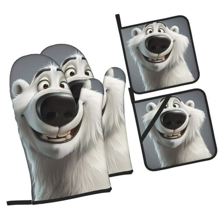 

Zeuib Smiling Polar Bear Oven Mitts and Potholders BBQ Gloves Kitchen Oven Glove High Heat Resistant 500 Degree Extra Long Oven Mitts and Potholder with Non-Slip Silicone Surface for Cooking