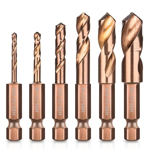6-Piece Cobalt Stubby Drill Bit Set - Short 1/4" Hex Shank Bits for Metal, Hardened Steel, Wood & Plastic (3/32" to 3/8")
