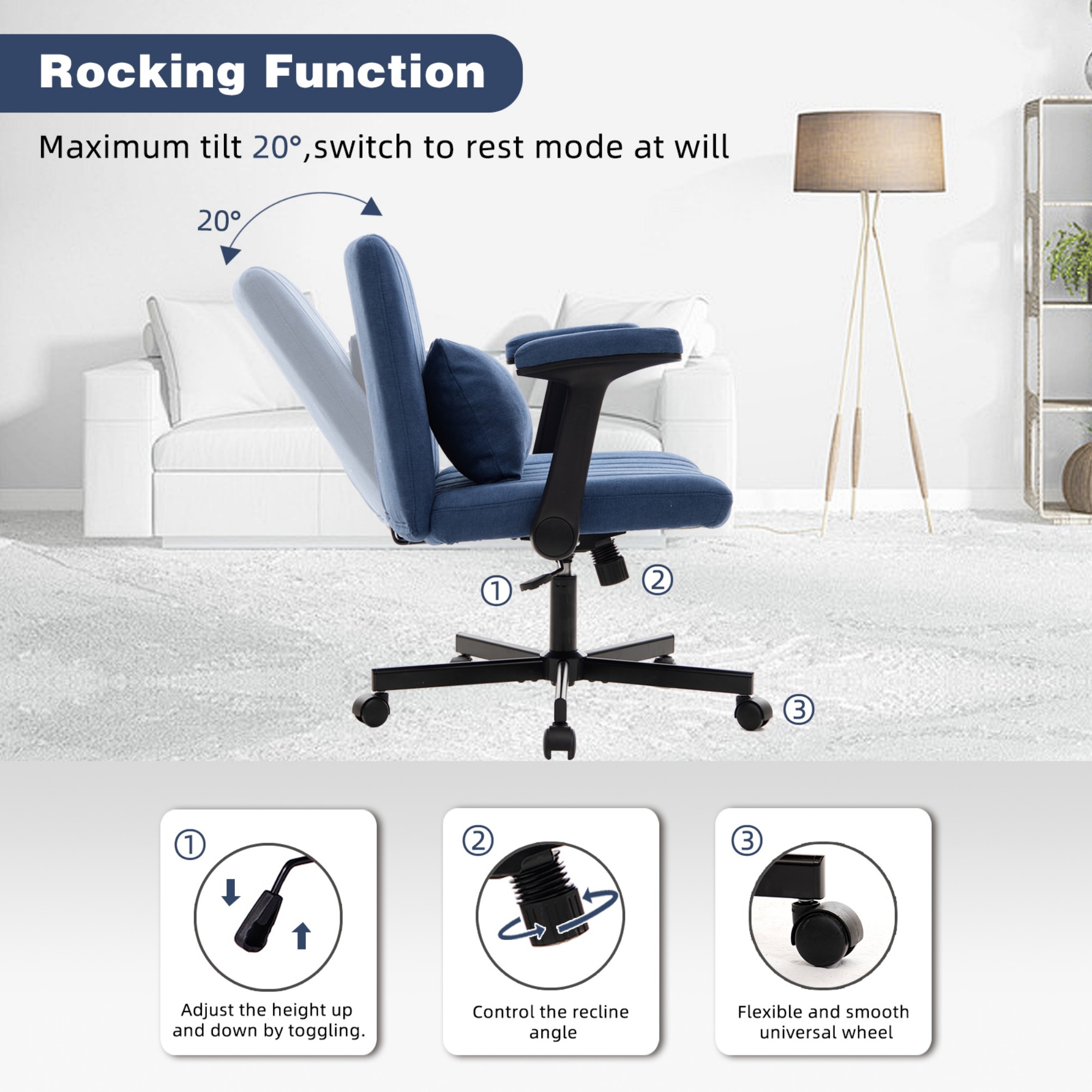Leumius Velvet Office Chair Criss Cross Legged Chair with Wheels,Reading Chair Vanity Task Desk Chair for Home Office,Blue