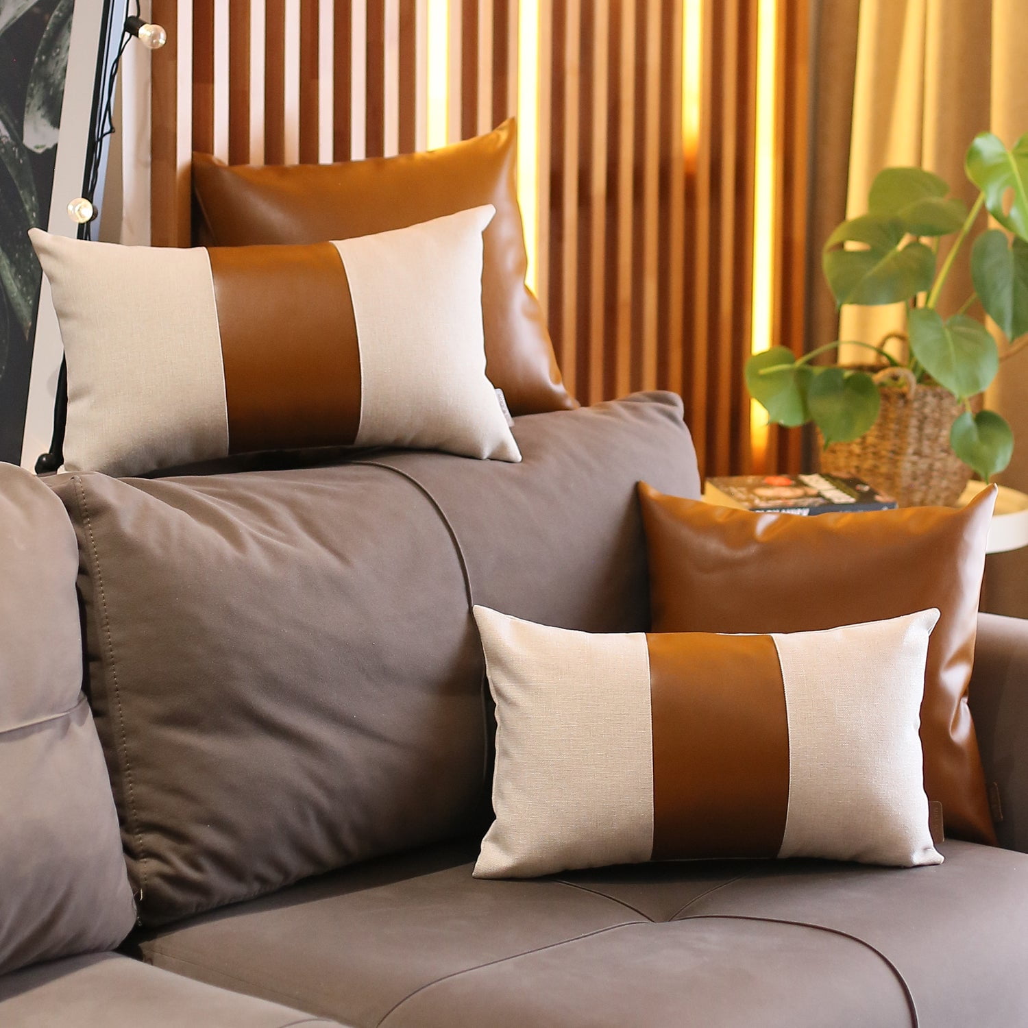 Boho Brown and Beige Vegan Faux Leather Throw Pillow Set of 4