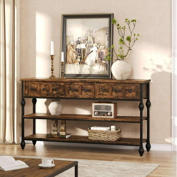 EcoSummer 52" Industrial Console Table with 3 Drawers, 3-Tier Entryway Table, Metal Sofa Table for Living Room Hallway Behind Couch, Retro Brown