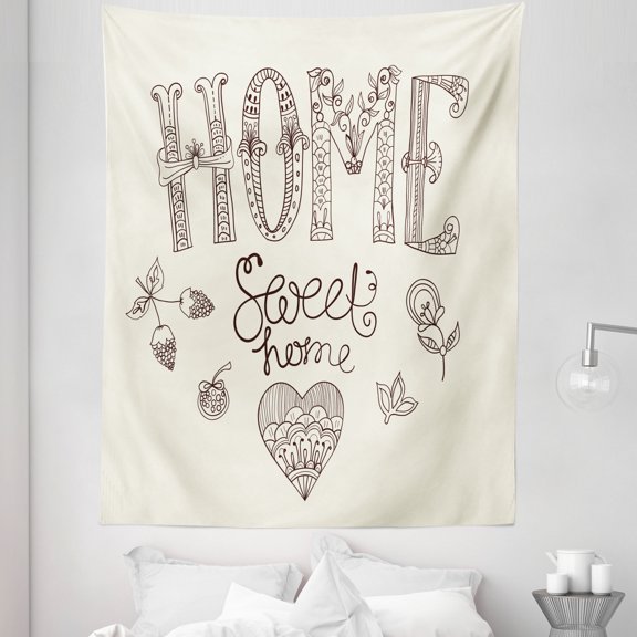 Saying Tapestry, Typography Illustration with Floral Elements and Heart, Fabric Wall Hanging Decor for Bedroom Living Room Dorm, 5 Sizes, Dark Brown Beige, by Ambesonne