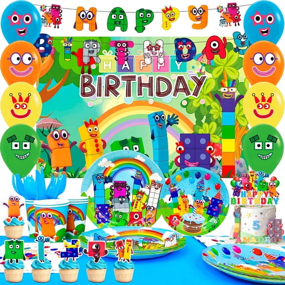 Number Blocks Birthday Party Supplies, 112 Pcs Number Blocks Birthday Decorations and Tableware Kits - Jam Plates Napkins Banners Backgrounds and Other Birthday Party Decorations