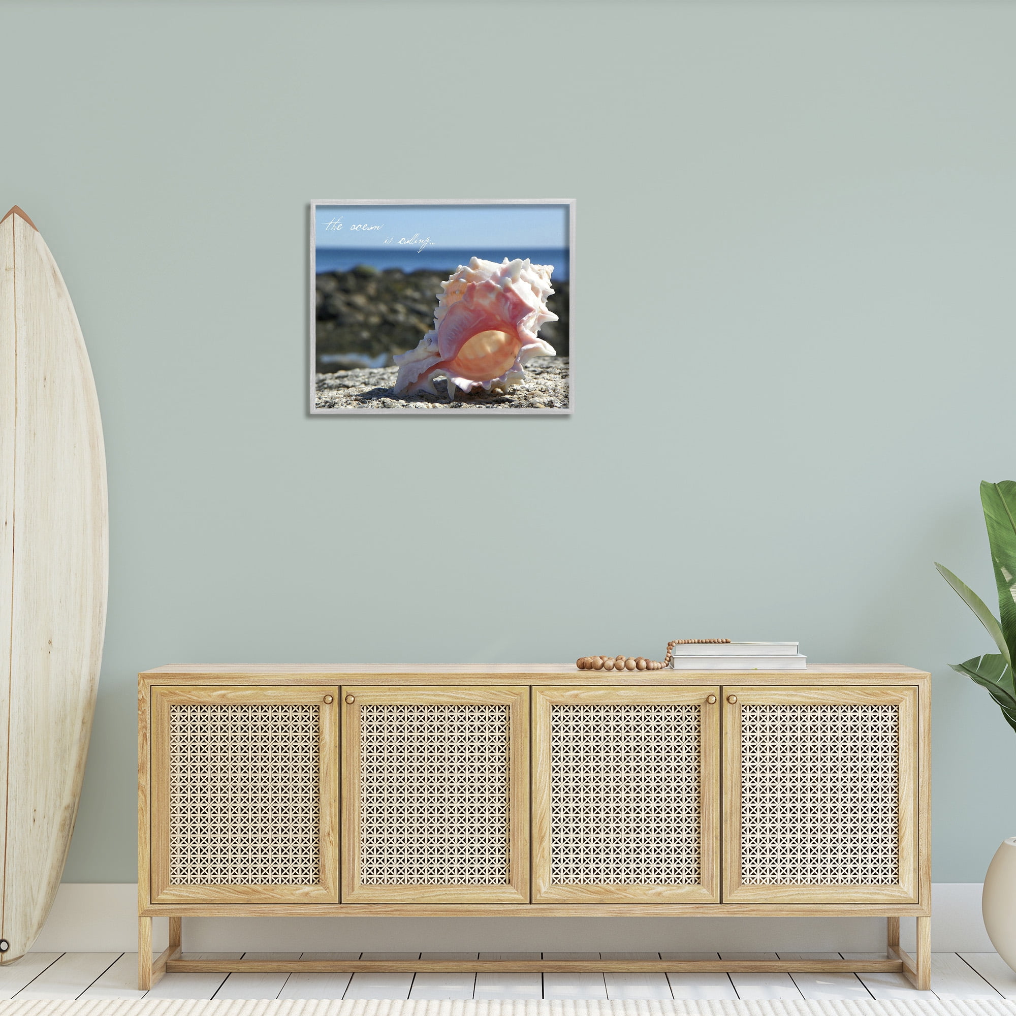 Stupell Industries Ocean Is Calling Conch Typography Photography Gray Framed Art Print Wall Art, 30 x 24