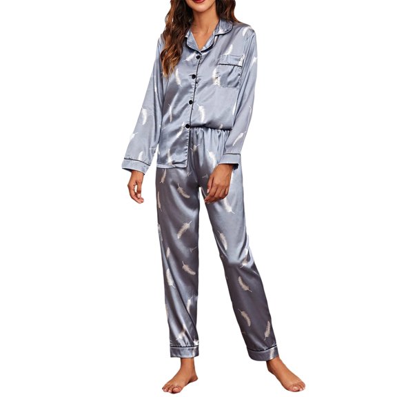 JGTDBPO Two Piece Pajama Set For Women Long Sleeve Sleepwear Soft Button Down Loungewear Pjs Set Nightwear With Long Pants Silk Satin Long Pajama For Women