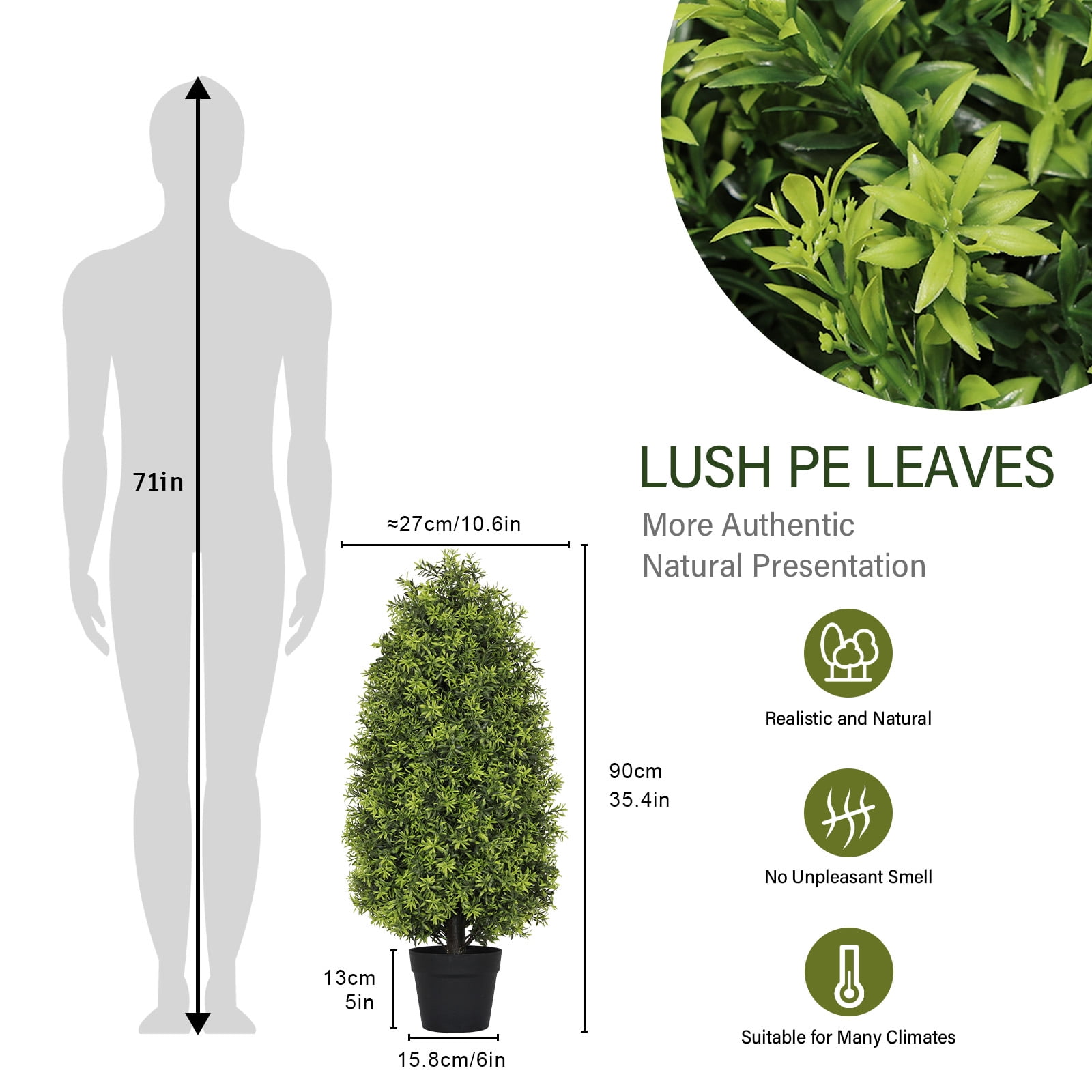 Aukfa 3ft Artificial Boxwood Cone Trees 2 Set, Green Faux Shrub Plants with UV Protection for Outdoor Porch Patio and Indoor Decor