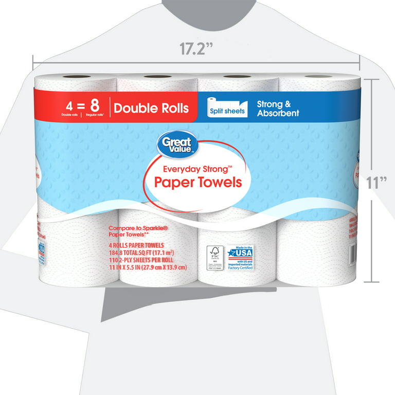Great Value Everyday Strong Paper Towels, Split Sheets, 2 Double Rolls 