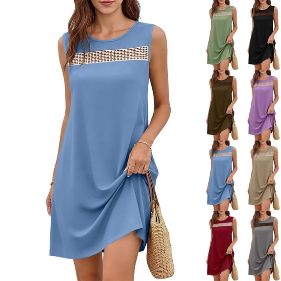 VBVC Women's Sleeveless Crew Neck Tunic Dress,Ladies Crochet Trim Loose Fit Casual Beach Cover Up,Summer Vacation Daily Wear For Women,Blue,S-2XL