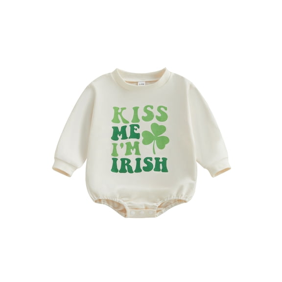 Newborn Baby Boy Girl St Patrick's Day Outfit Letter Print Long Sleeve Bubble Romper Sweatshirt One Piece Bodysuit