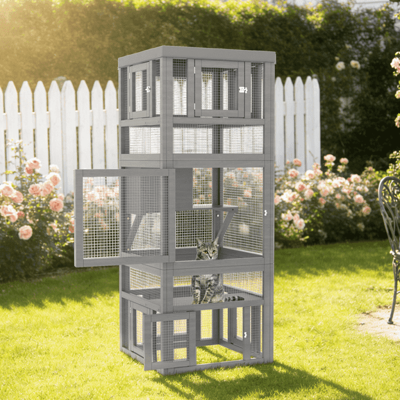 TIMHAKA Catio Outdoor Cat Enclosure, 3 Tiers Cat Enclosure w/ Platform, Resting Box & 8 Removable Door can Connect w/ Cats Tunnel, DIY Wood Cats Cage