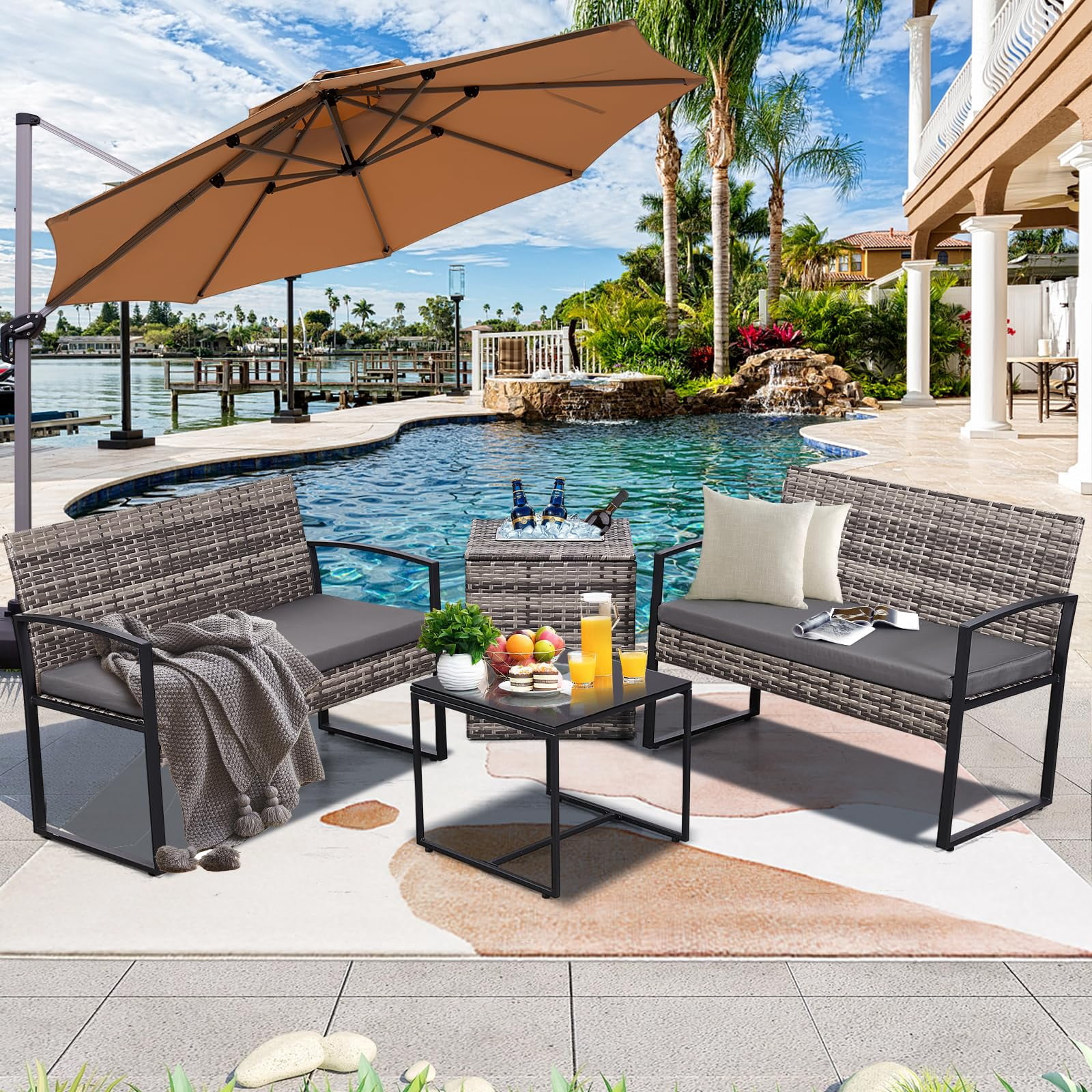 4 Piece Outdoor Patio Furniture Set,Wicker Conversation Sets Patio Sofa Couch with Built-in Beverage Cooler Storage Box & Coffee Table for Outside, Garden, Balcony, Porch,Grey/Grey